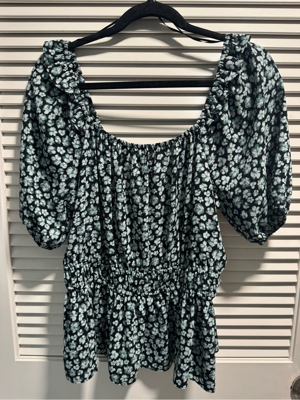 Nine West Black Top with Mint Floral Print